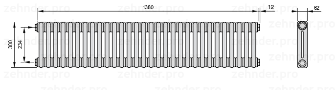 Схема (чертеж) Радиатор Zehnder Charleston 2030/30 №1270 Белый глянцевый RAL 9016